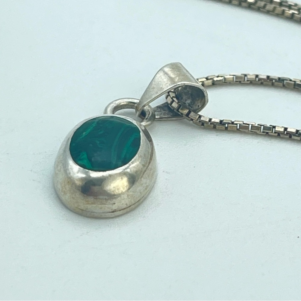 Vintage Silver Green Oval Malachite Pendant & Necklace 925 Sterling Jewelry - Picture 7 of 14